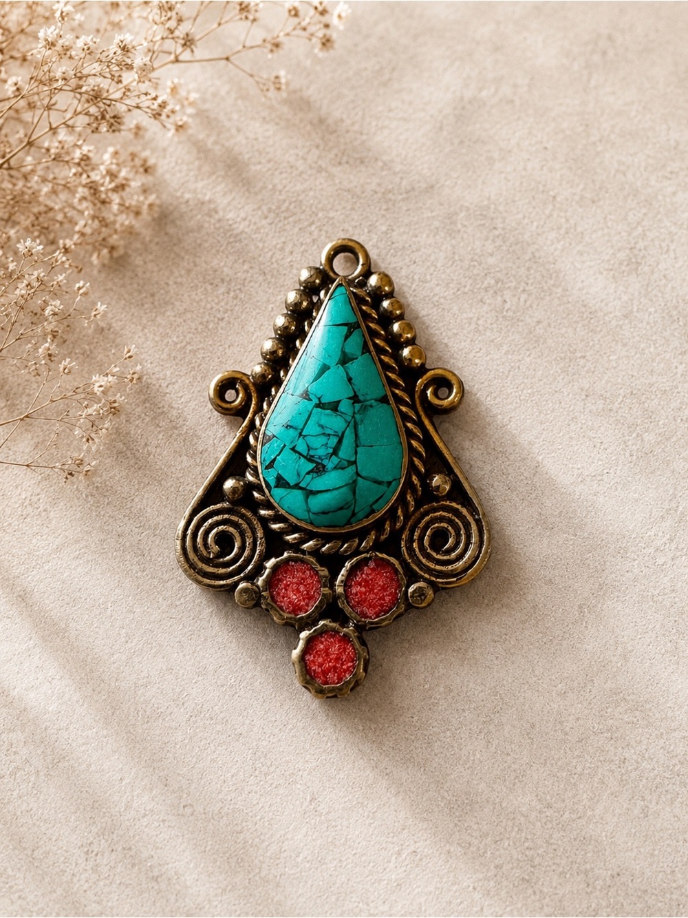 Turquoise Teardrop Pendant with Coral Accents - Jewelry Set in 925 Silver